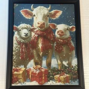8x10 Christmas Holidays Cow Lamb Pig Bows Gifts Cute Art Painting Framed Print